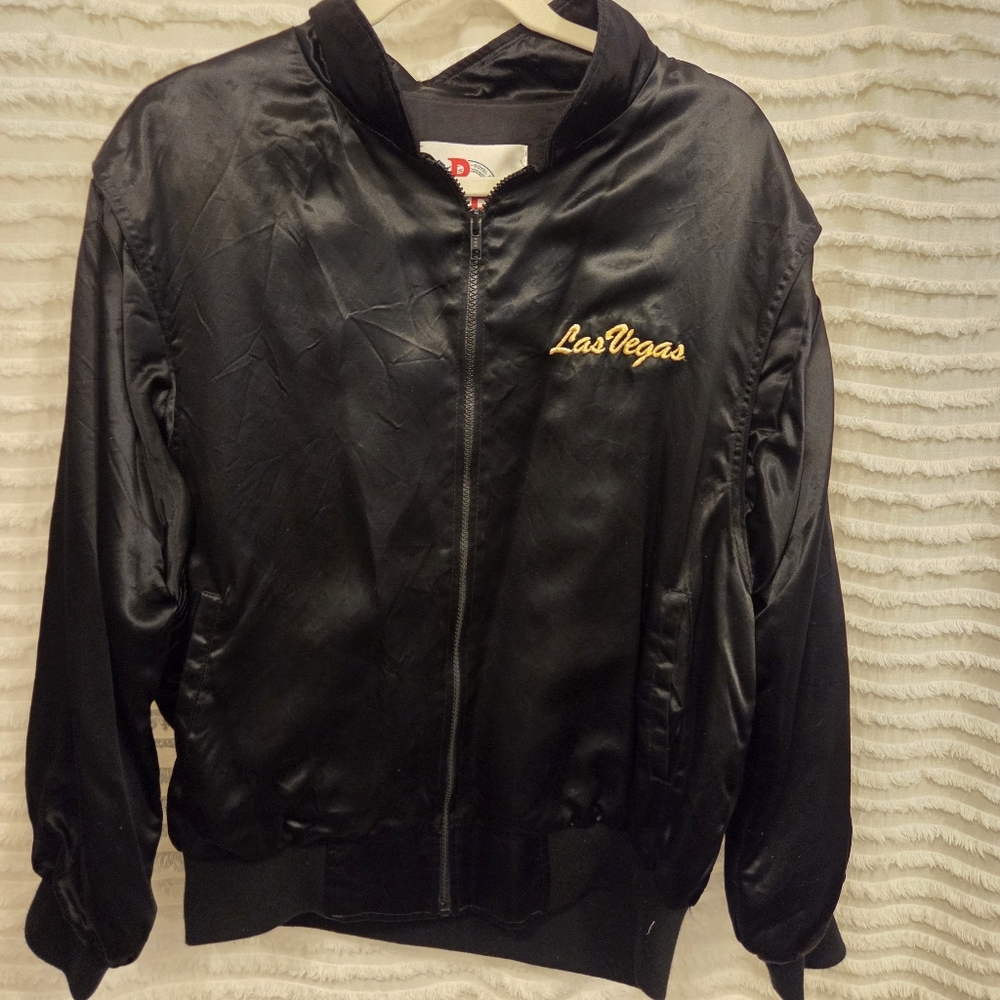 Vintage 80s Las Vegas Satin Bomber Jacket Sz L Black Gold Embroidered USA Made